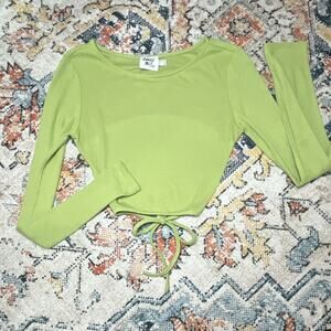 Princess Polly Green Ribbed Round Neck Tie-Front Cropped Top Long Sleeve Sz 14